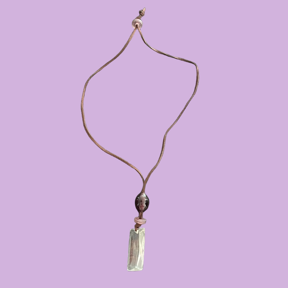 Artisan Crafted Brown Leather Necklace with Glass Crystal Pendant